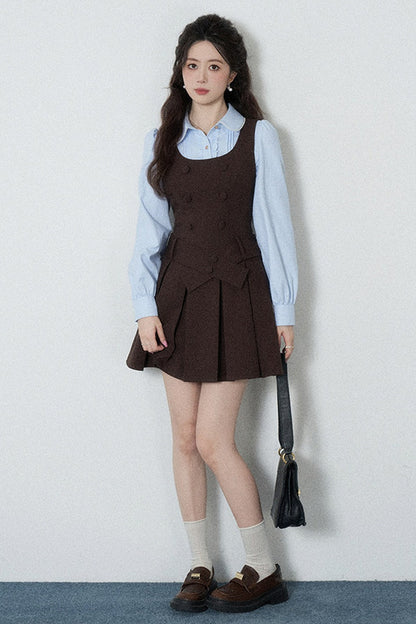 Brown Pleated Dress and Blue Shirt Set-Up