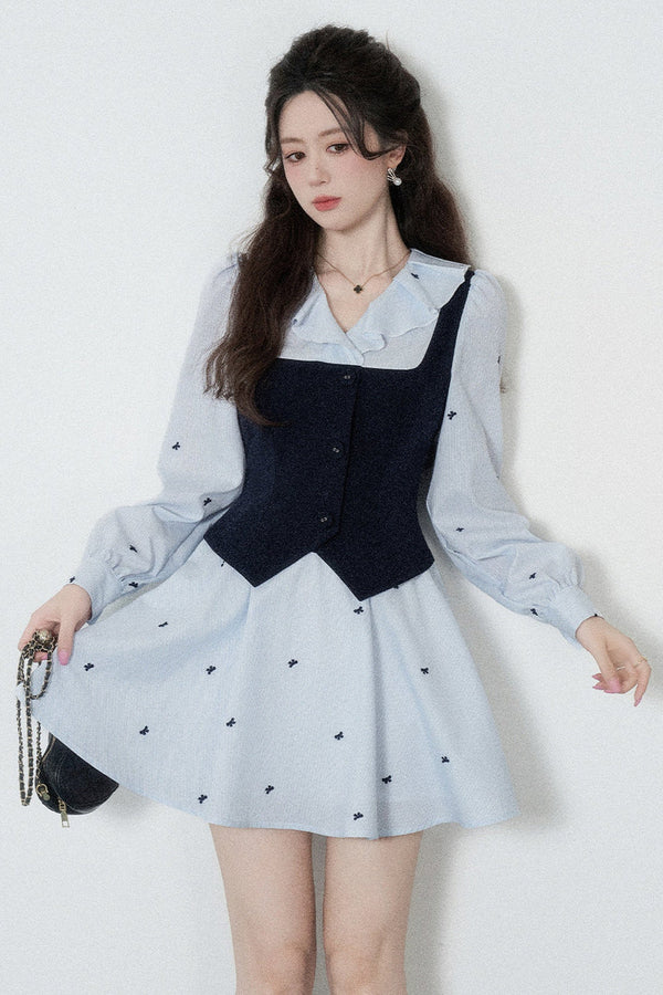 Blue Striped V-Neck A-Line Dress