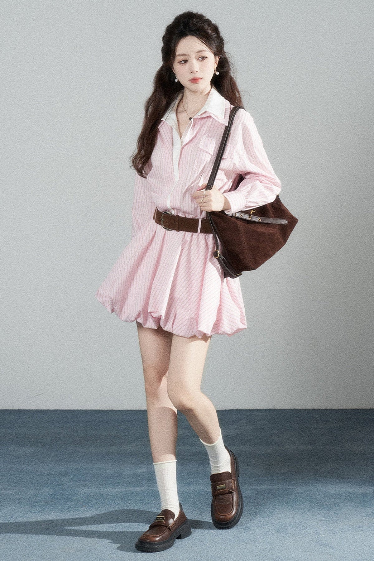 Pink Striped Bubble Shirt Dress