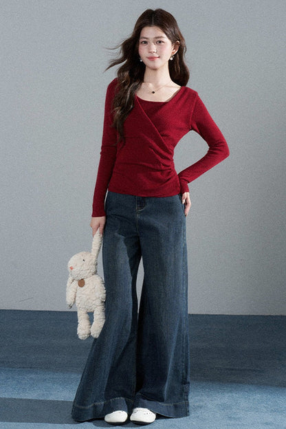 Round Neck Waist-Cinching Knit Top