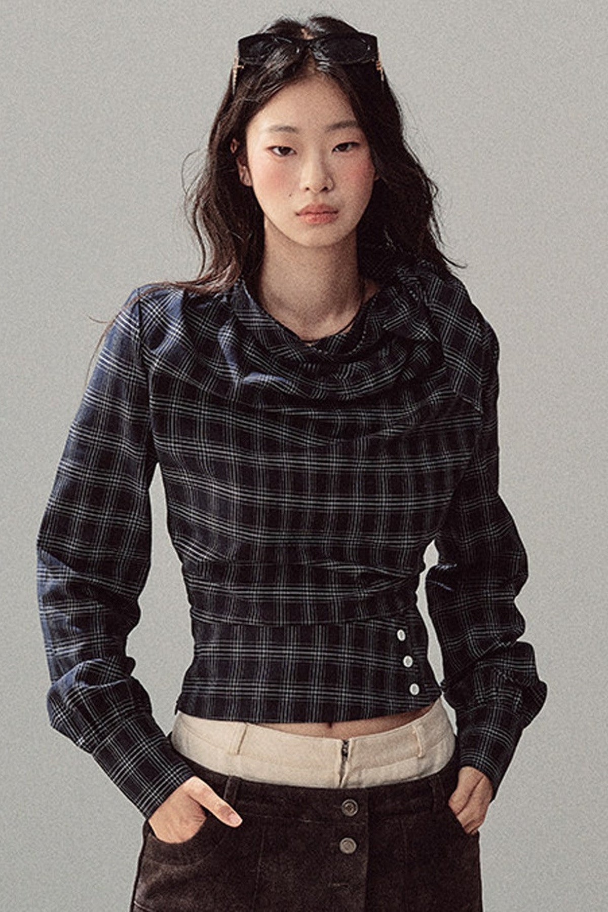 Plaid Cowl Neck Shirt