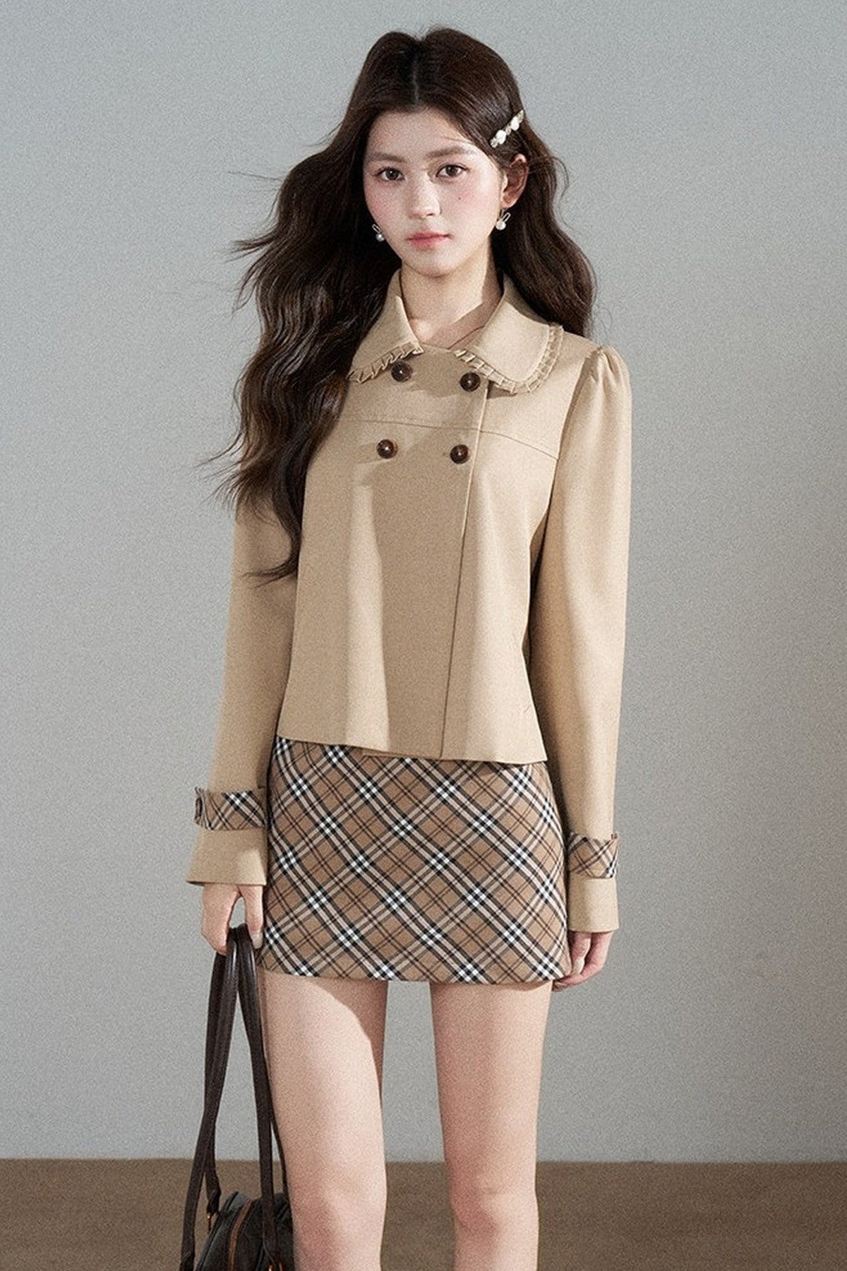 Khaki Short Trench Coat and Skirt Set-Up