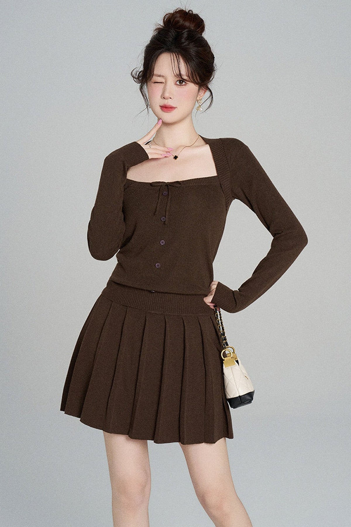 Square Neck Knit Top and Skirt Set-Up