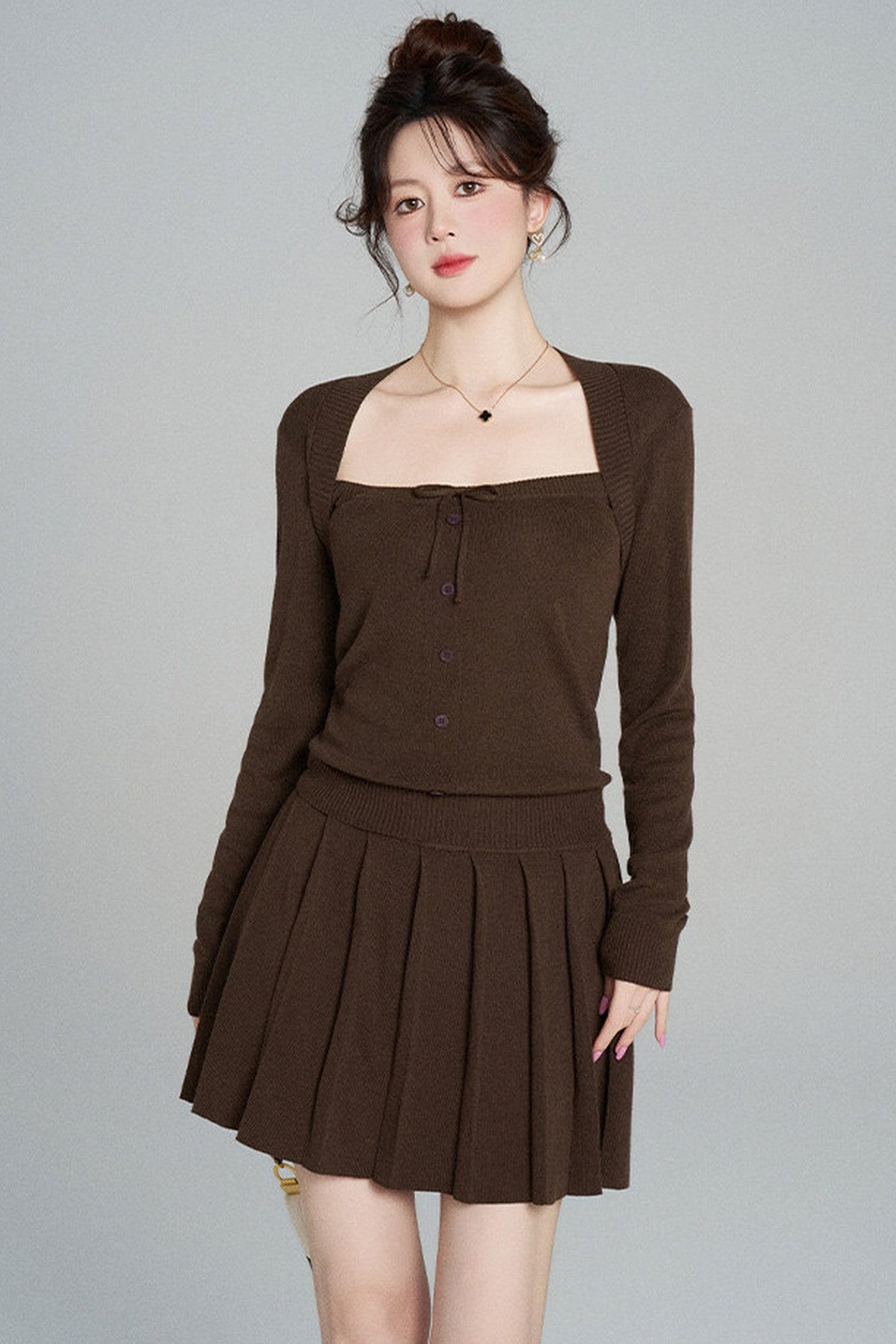 Square Neck Knit Top and Skirt Set-Up