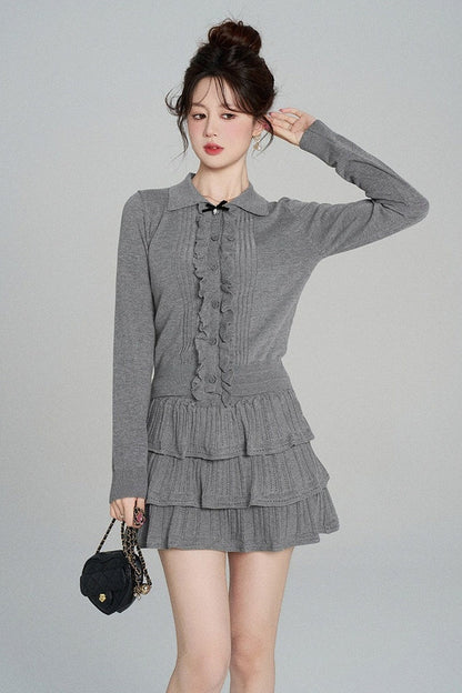 Miu-Style Knit Top and Tiered Skirt Set-Up