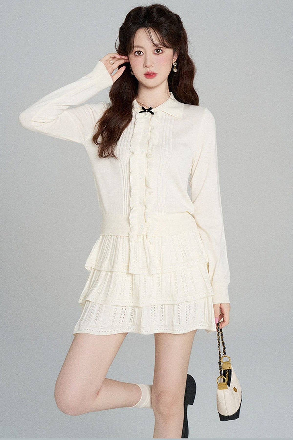 Miu-Style Knit Top and Tiered Skirt Set-Up