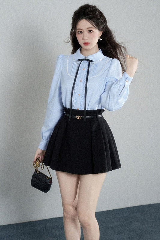 Blue Plaid Long-Sleeved Blouse and Skirt Set-Up