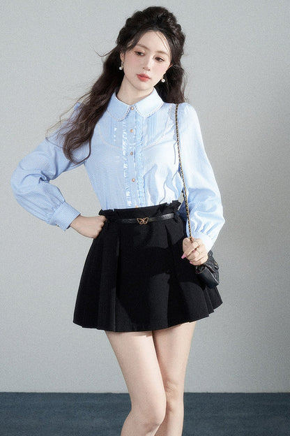 Blue Plaid Long-Sleeved Blouse and Skirt Set-Up