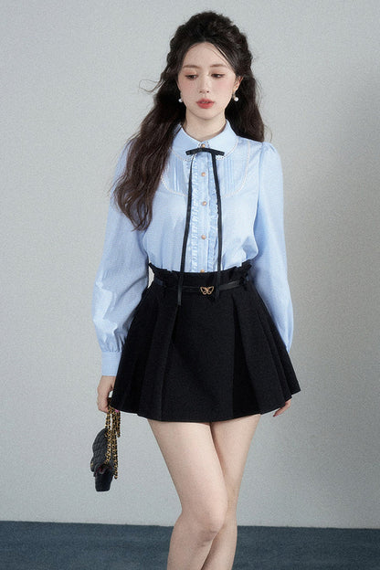 Blue Plaid Long-Sleeved Blouse and Skirt Set-Up