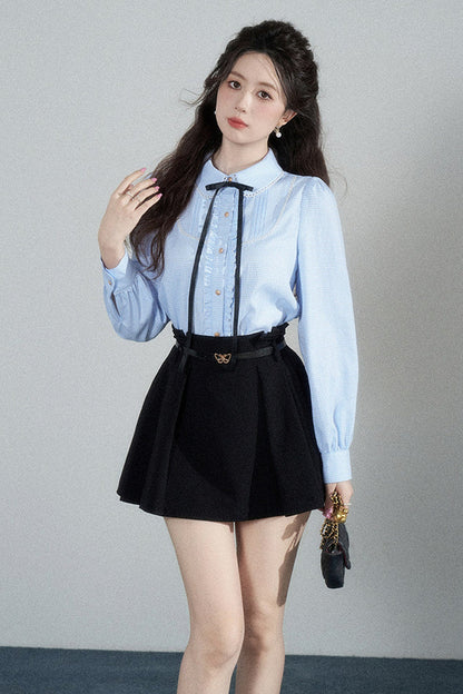 Blue Plaid Long-Sleeved Blouse and Skirt Set-Up