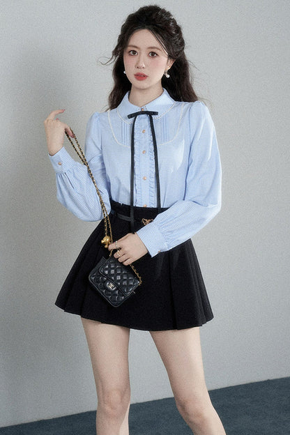 Blue Plaid Long-Sleeved Blouse and Skirt Set-Up