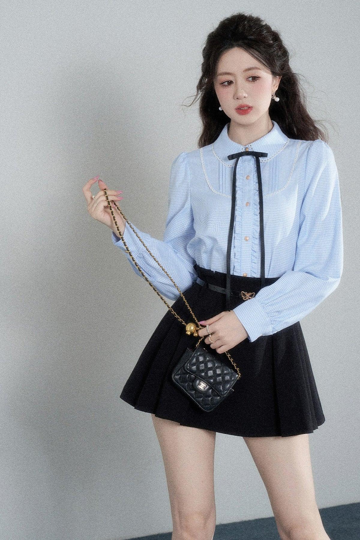 Blue Plaid Long-Sleeved Blouse and Skirt Set-Up