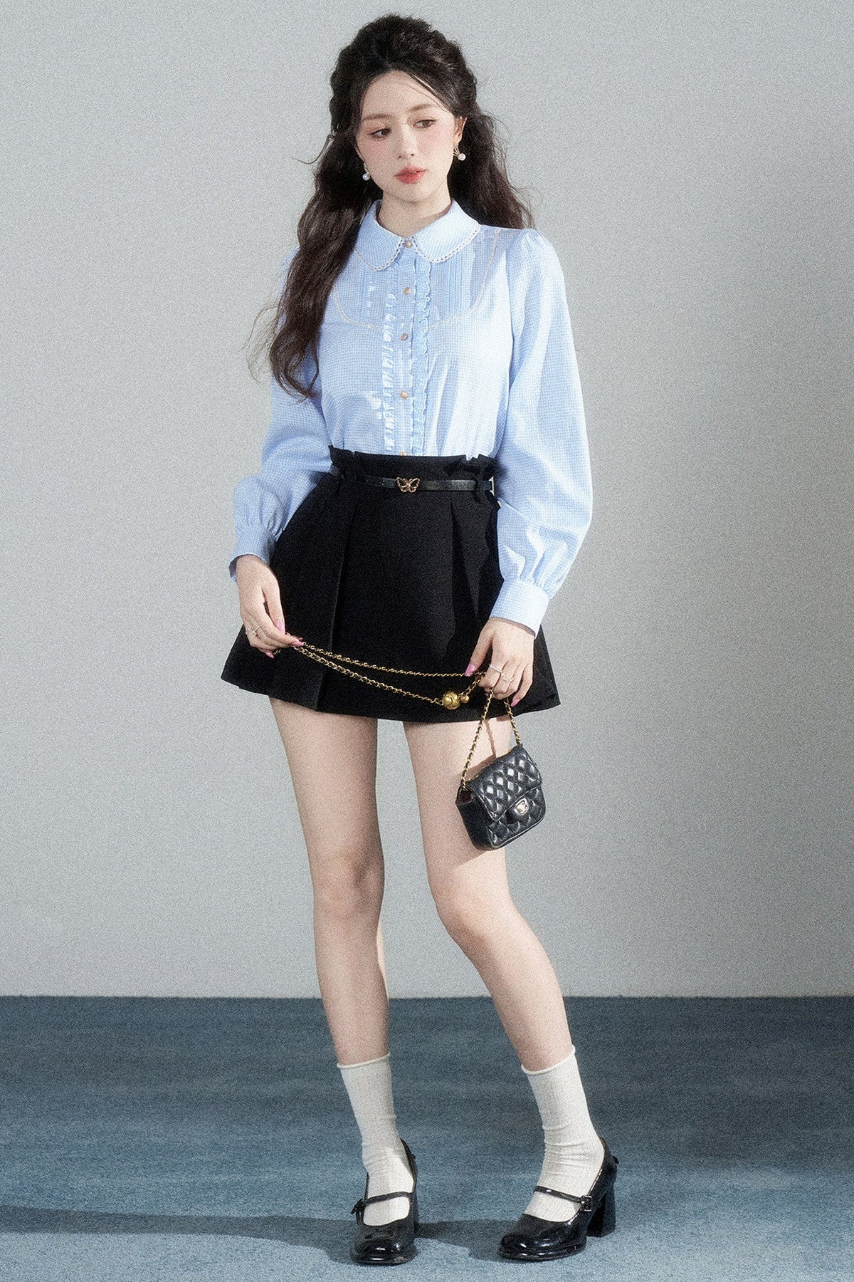 Blue Plaid Long-Sleeved Blouse and Skirt Set-Up