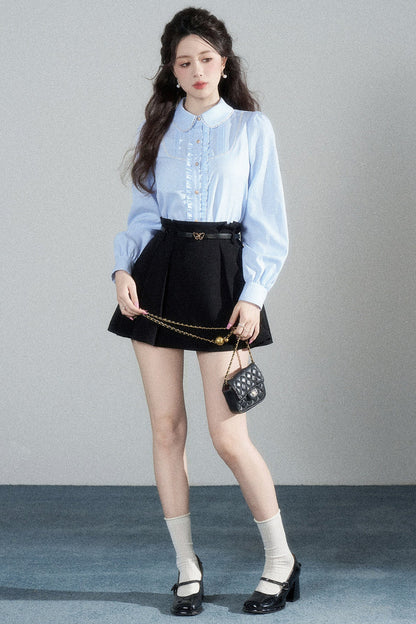 Blue Plaid Long-Sleeved Blouse and Skirt Set-Up