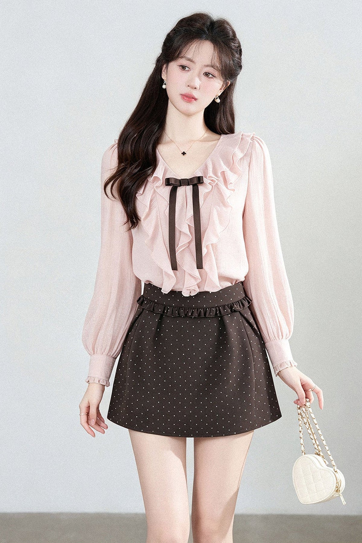 Pink Ruffled V-Neck Chiffon Top and Skirt Set-Up