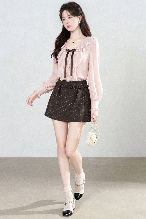 Pink Ruffled V-Neck Chiffon Top and Skirt Set-Up