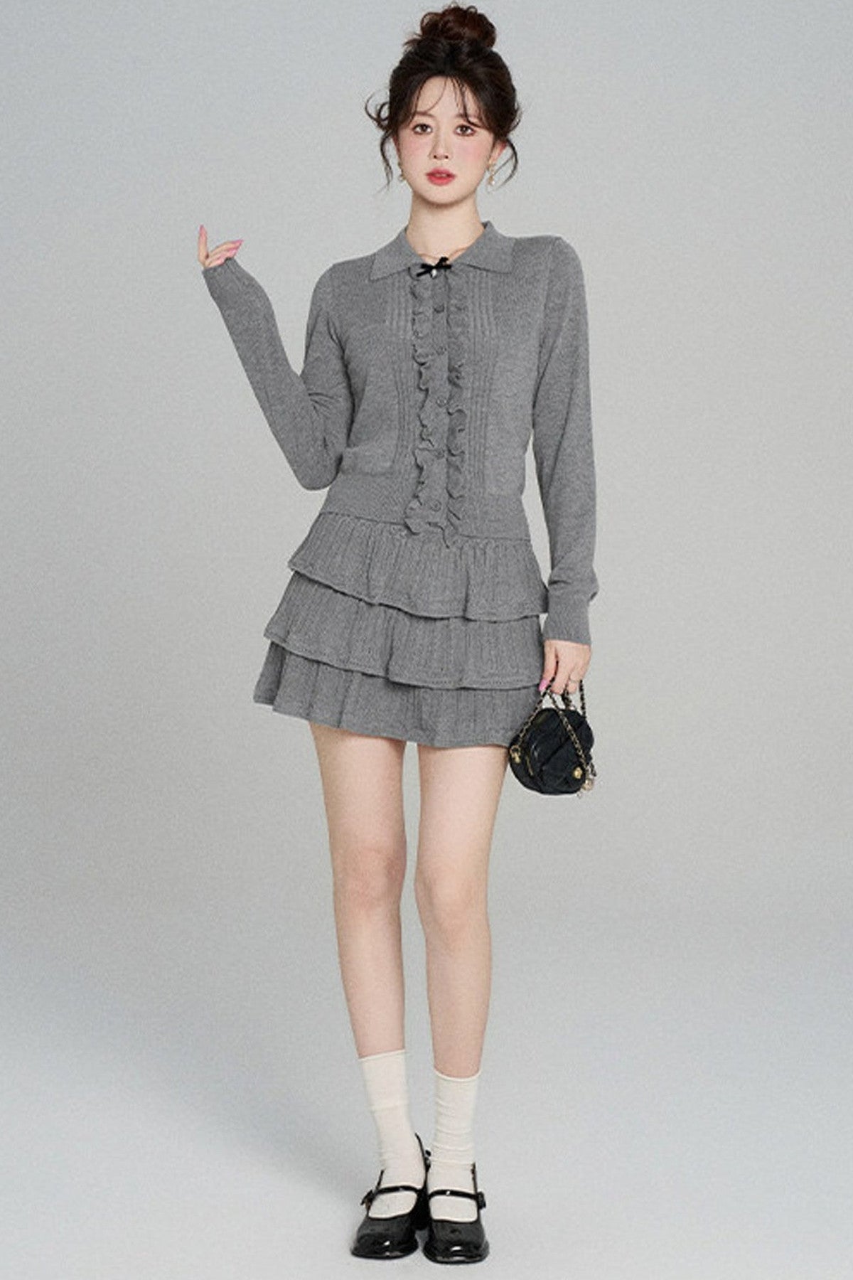 Miu-Style Knit Top and Tiered Skirt Set-Up