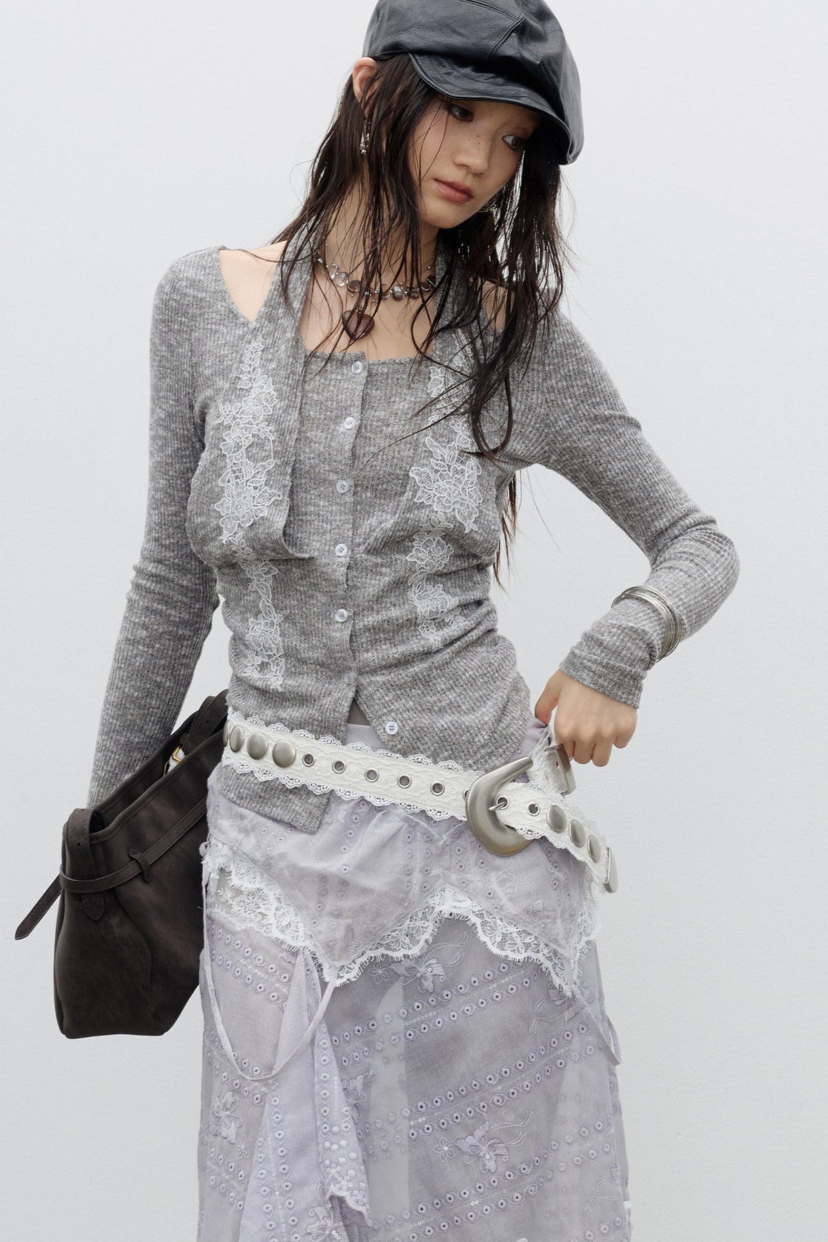 Lace Applique Knitted Halter T-Shirt