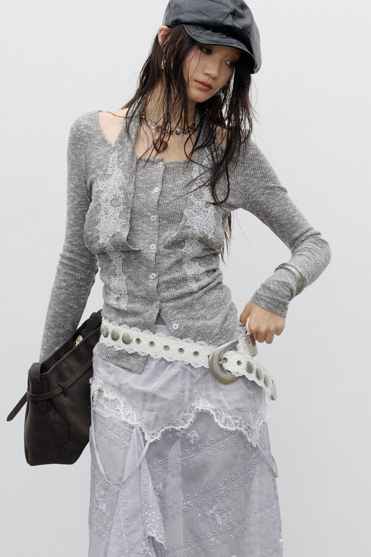 Lace Applique Knitted Halter T-Shirt