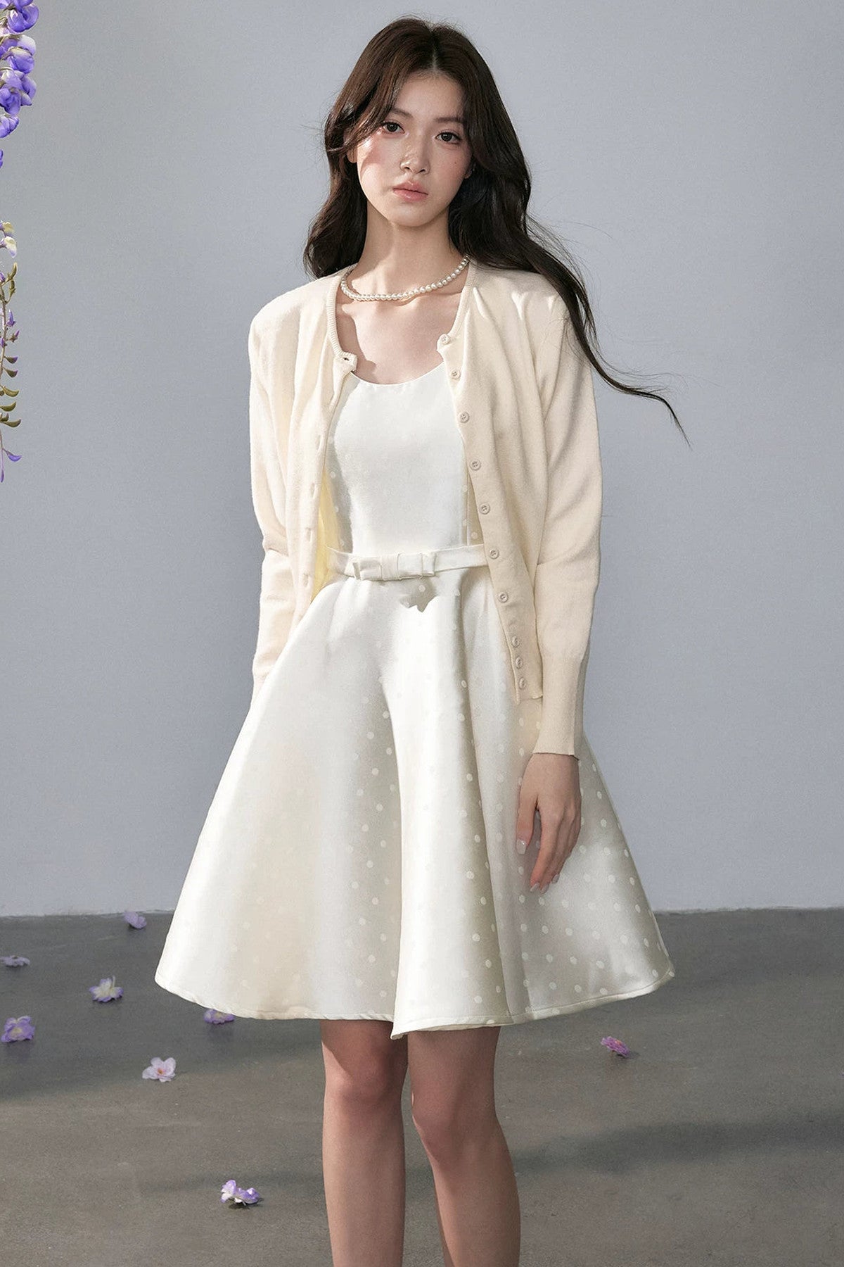 Hepburn Short Skirt Satin Dress And White Shawl Set-Up