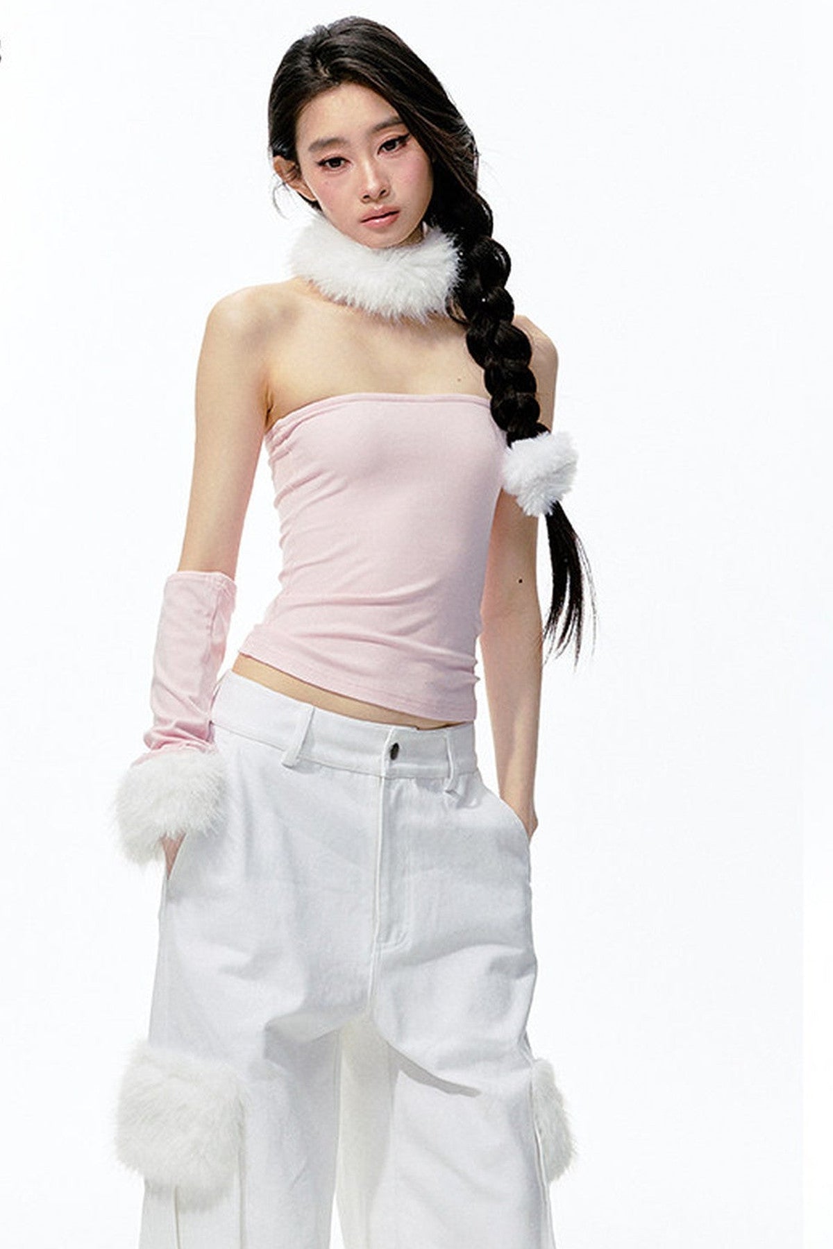 Top a fascia in maglia con collo in pelliccia staccabile