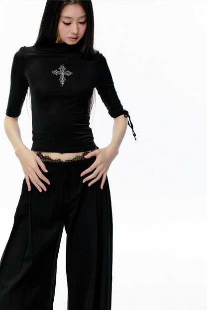High-Neck Tie-Up Mid-Sleeve Slim-Fit Top