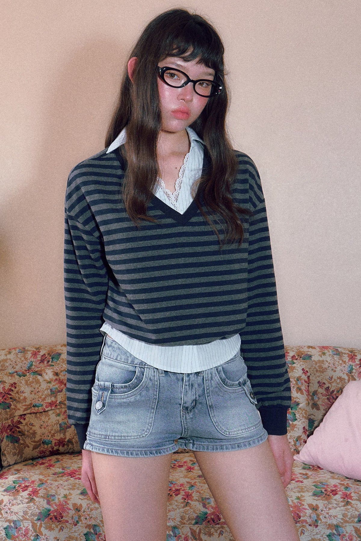 Striped V-Neck Long-Sleeve Top and Shorts Set-Up