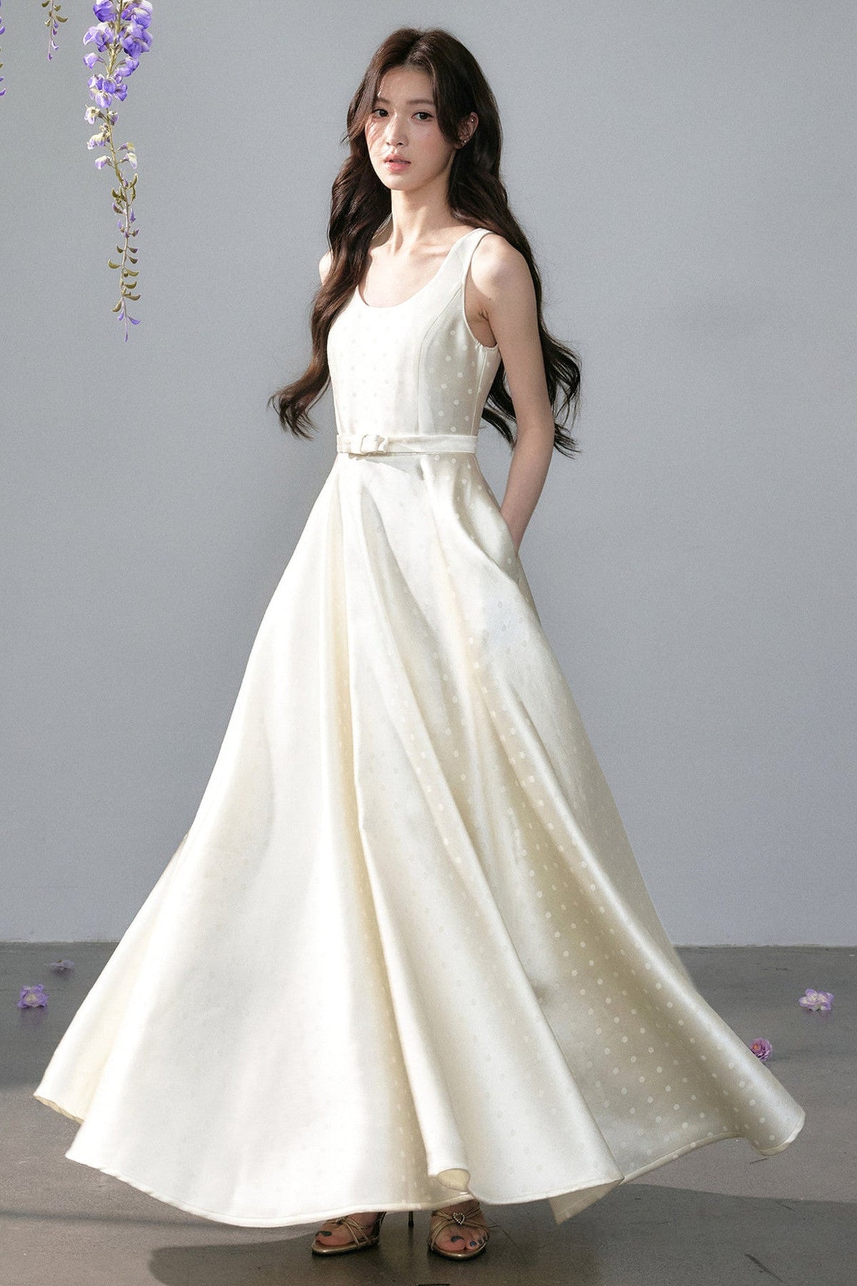 Polka Dot Satin Dress with Bow Shawl Set-Up