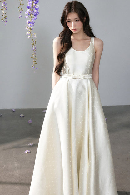 Polka Dot Satin Dress with Bow Shawl Set-Up