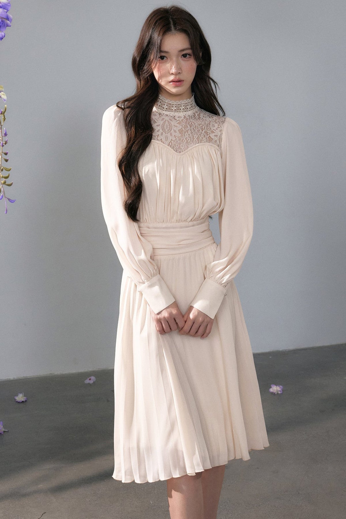 Pleated Lace Mid-Length Dress
