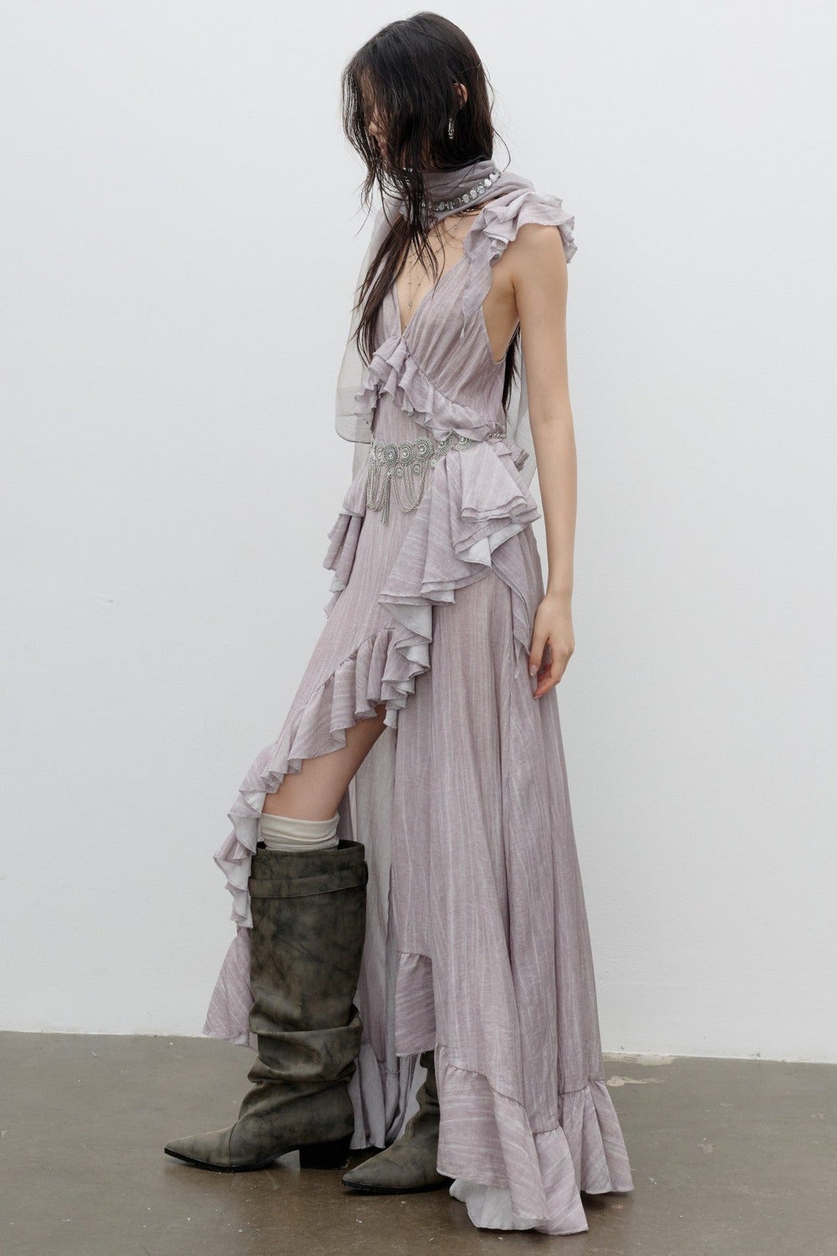 Dirty Pink Irregular Ruffle Strap Dress