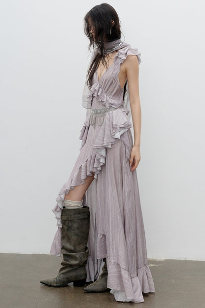 Dirty Pink Irregular Ruffle Strap Dress