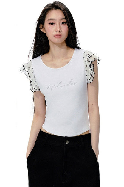 Polka Dot Flutter Sleeve Top Skirt Set-Up