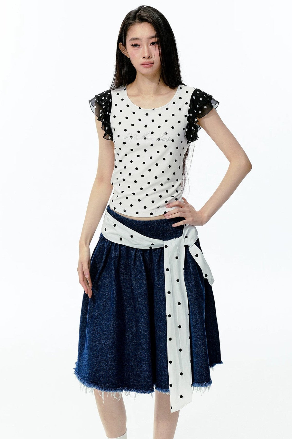 Polka Dot Flutter Sleeve Top Skirt Set-Up