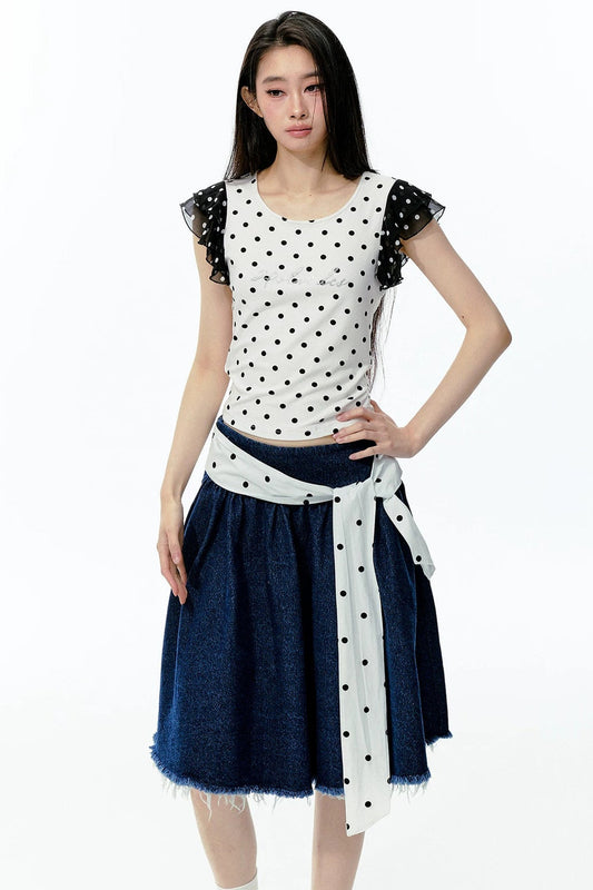 Polka Dot Flutter Sleeve Top Skirt Set-Up