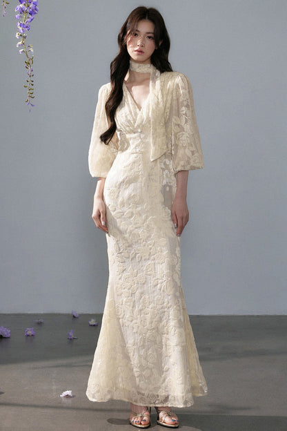 Robe rétro française en jacquard dentelle à col V