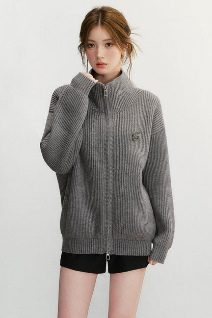 Grey Textured Zipper Knit Jacket