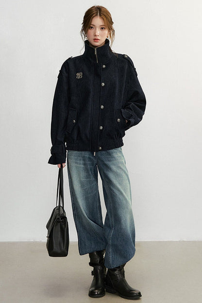 Chenille Wool Blend Stand-Up Collar Jacket