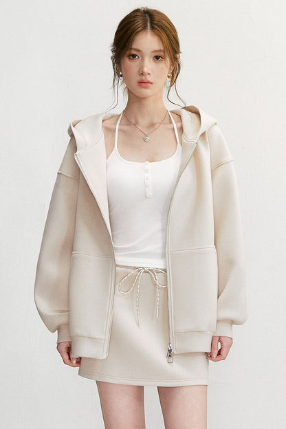 Long-Sleeved Oversized Hooded Sweatshirt Jacket And Skirt Set-Up
