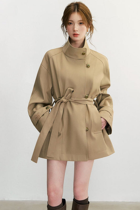 Retro Stand-Up Collar Diagonal Placket Waist-Cinching Jacket