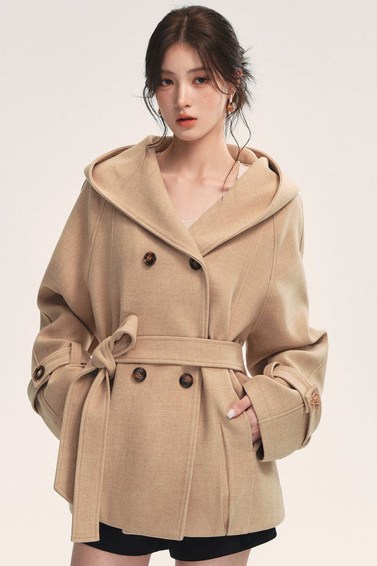 Hooded Double-Breasted Wool Blend Coat