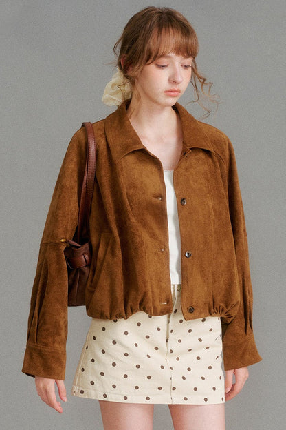 Retro Lapel Pleated Short Suede Jacket