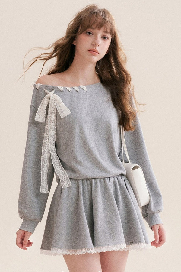 Off-Shoulder Lace Ribbon Pullover Dress