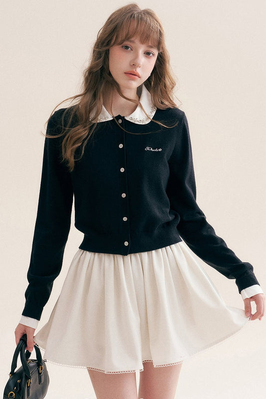 Beaded Doll Collar Patchwork Knit Cardigan