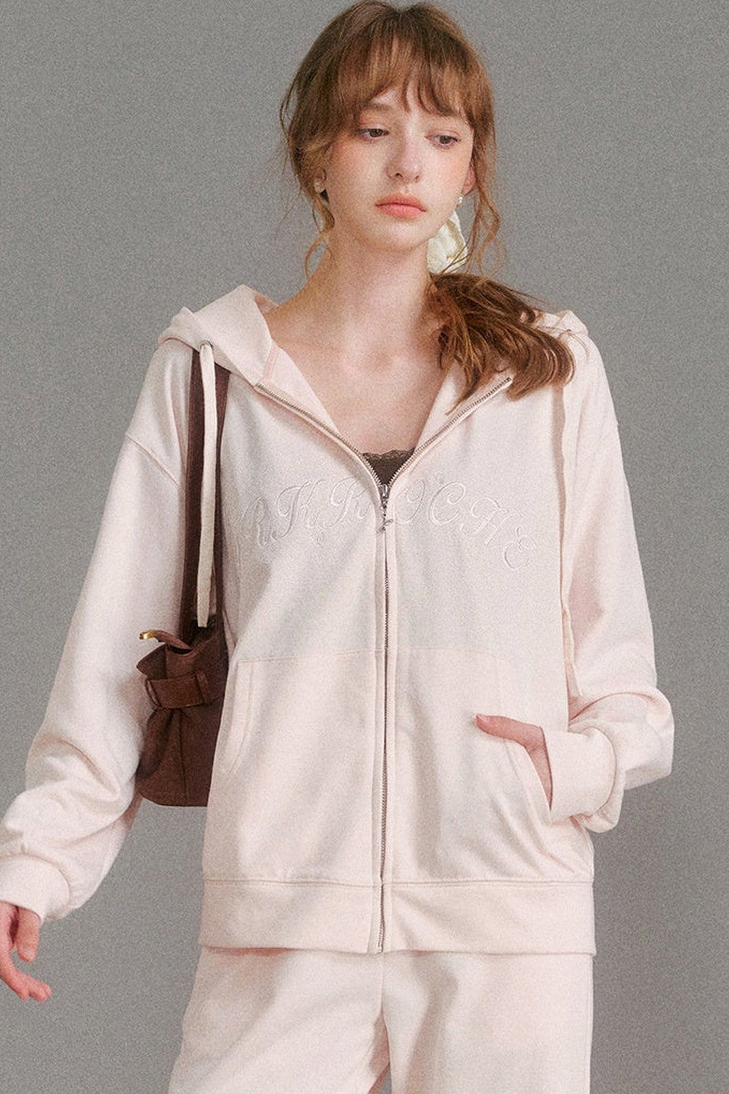 Hooded Logo Embroidered Sweatshirt Jacket and Drawstring Straight-Leg Sweatpants Set-Up