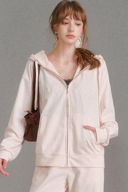 Hooded Logo Embroidered Sweatshirt Jacket and Drawstring Straight-Leg Sweatpants Set-Up