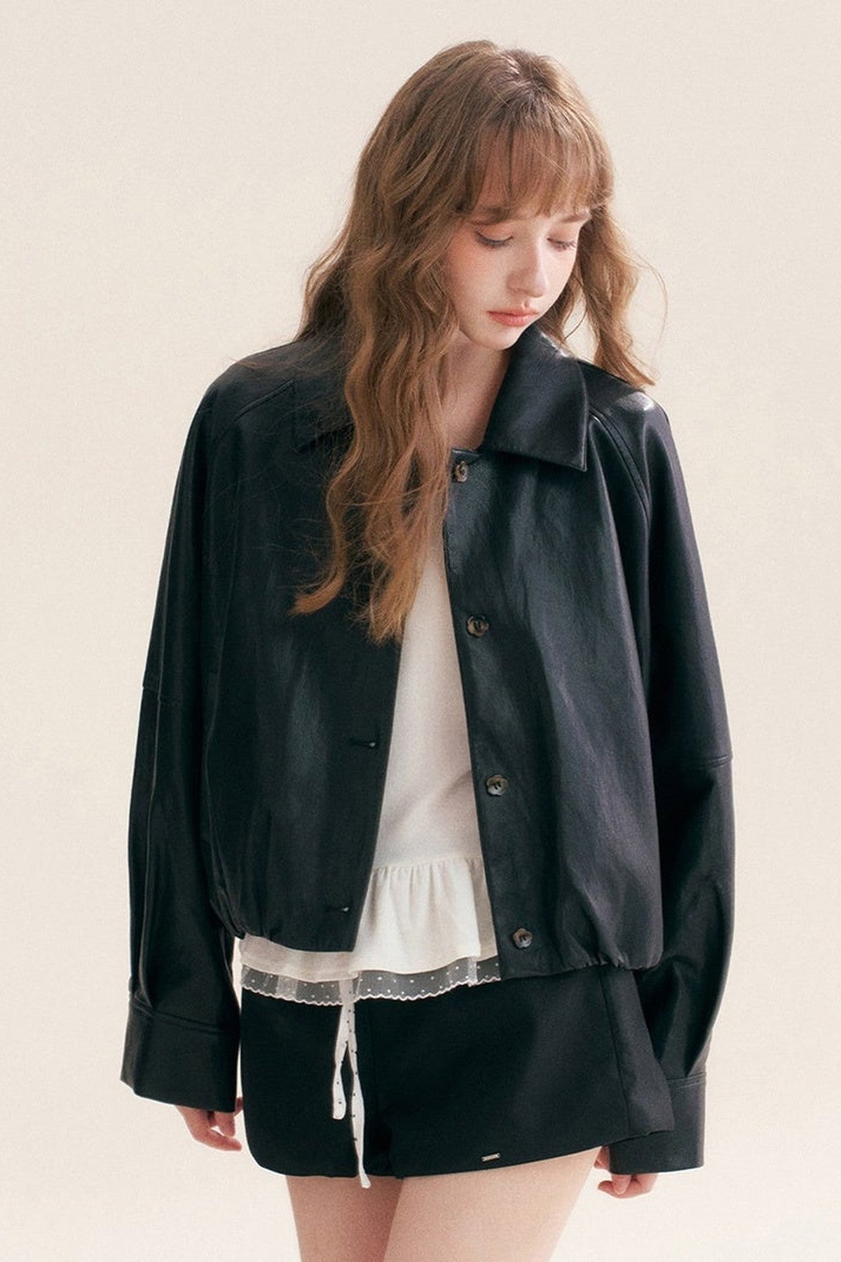 Pleated Drop Shoulder Pu Leather Jacket
