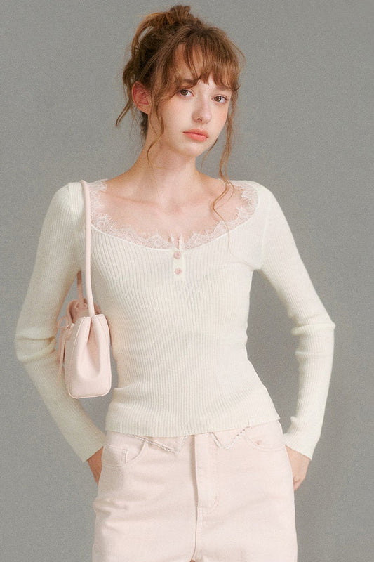 Wool Blend Lace Trim U-Neck Knit Top