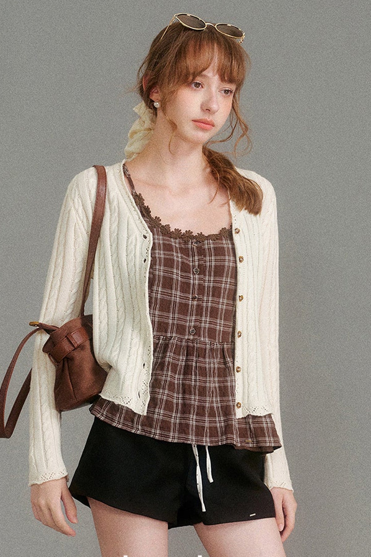 Textured Plaid Daisy Lace Camisole Set-Up