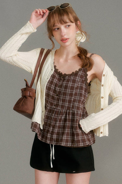 Textured Plaid Daisy Lace Camisole Set-Up